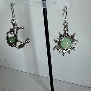 Silver and Green Sun and Moon Earrings